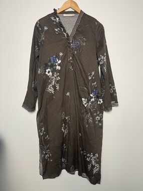 AMARRA KHAN | Brown Floral Cotton Tunic Dress Side Vents Made in Pakistan